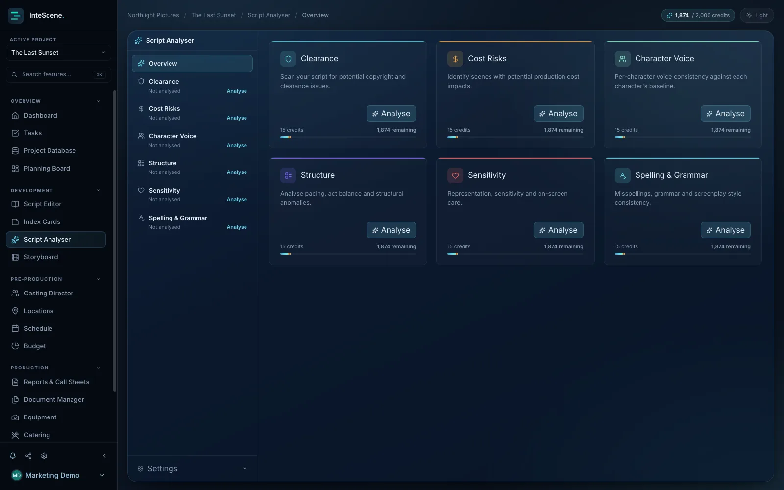 InteScene Script Analyser showing an AI scene-by-scene breakdown of a screenplay