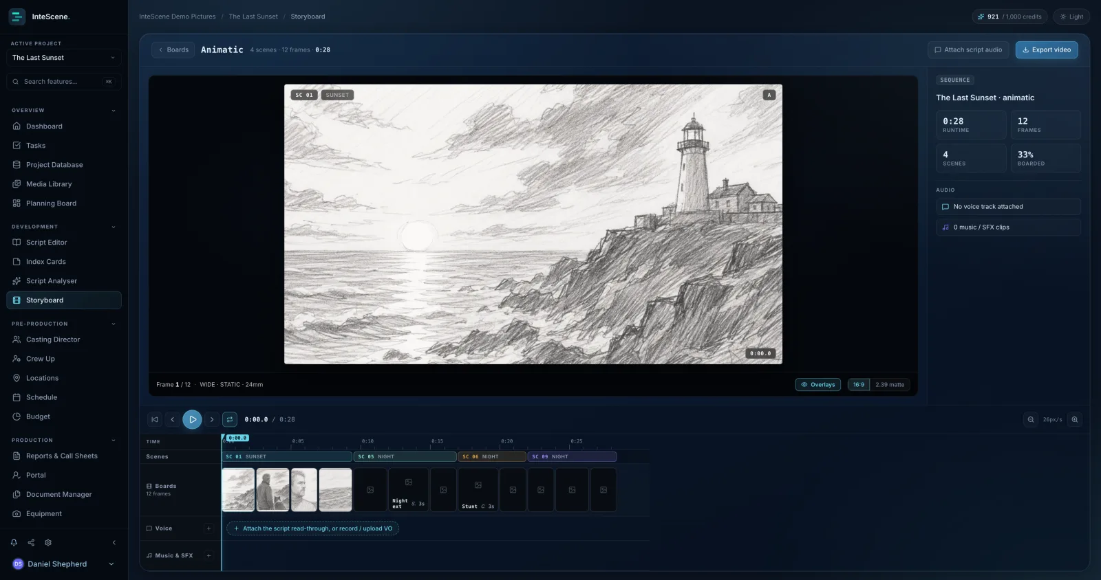 InteScene animatic editor with boards on a timeline, scene bands, and separate voice and music lanes
