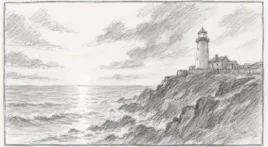 Storyboard frame: wide establishing shot of a Cornish coastline at sunset with a lighthouse on the headland