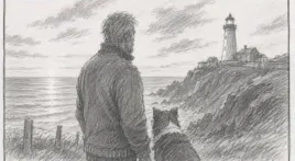 Storyboard frame: medium shot of Arthur at the cliff edge with his dog, silhouetted against the sky