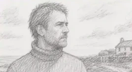 Storyboard frame: close-up of Arthur's weathered face as he watches the storm approach