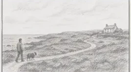 Storyboard frame: tracking shot of Arthur walking back toward the stone cottage with his border collie