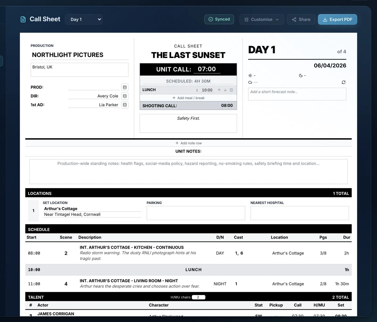 InteScene call sheet block editor