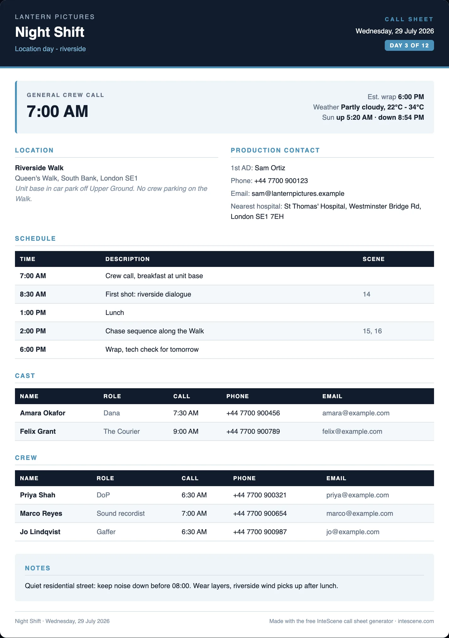 A completed film call sheet generated with InteScene's free call sheet generator, showing the day's crew call, scenes, cast and weather