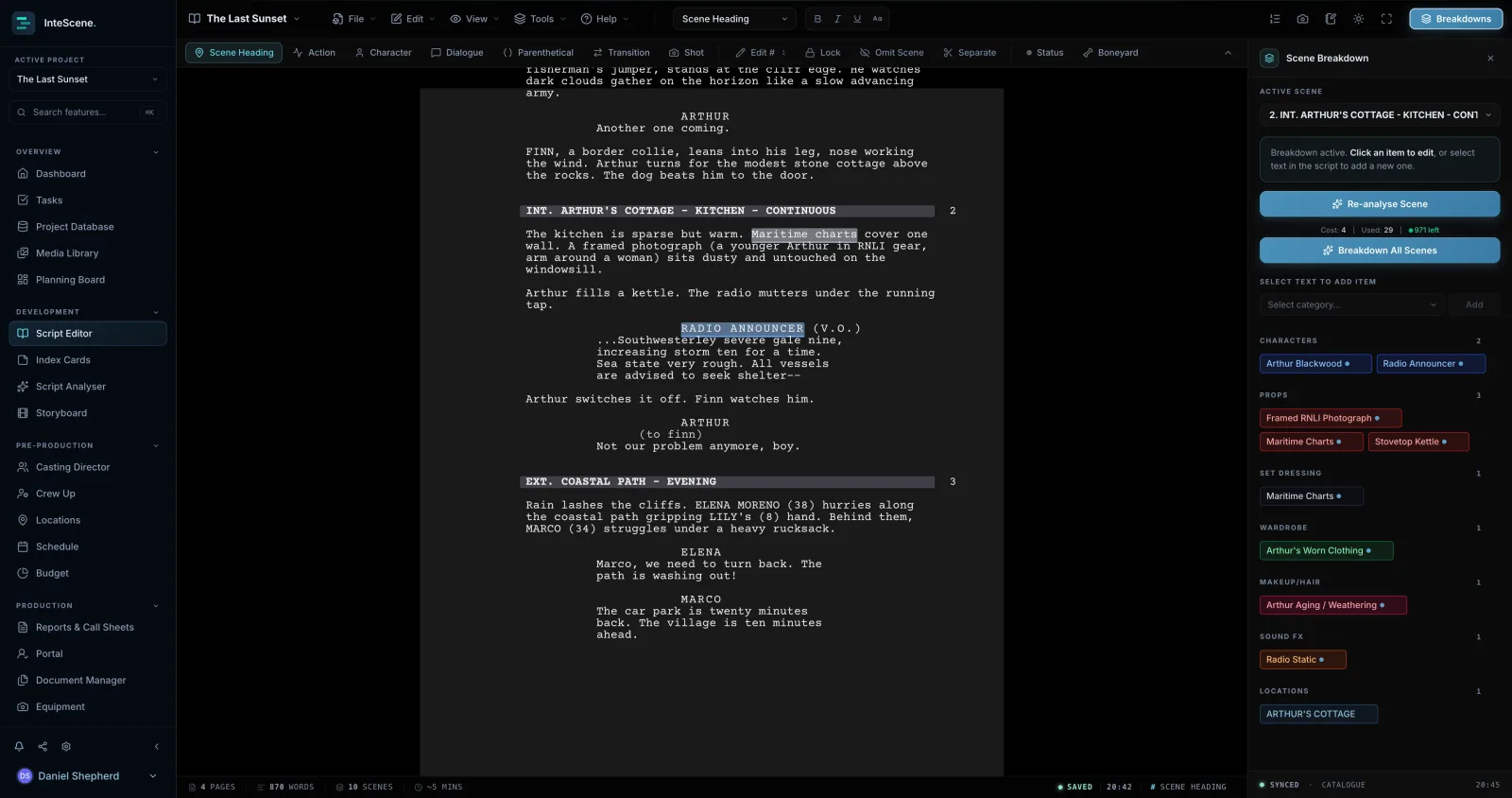 InteScene script editor showing a formatted screenplay with scene headings, action and dialogue