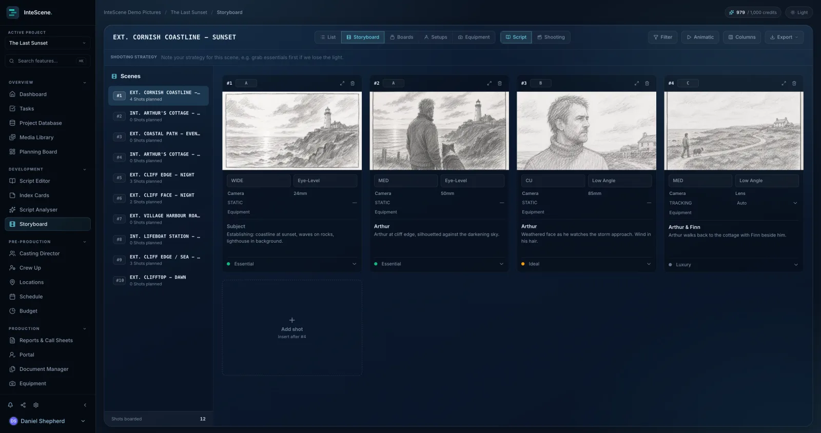 InteScene shot list generated from a screenplay scene