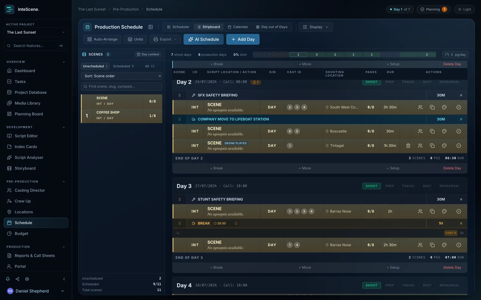 InteScene stripboard built from script breakdown data